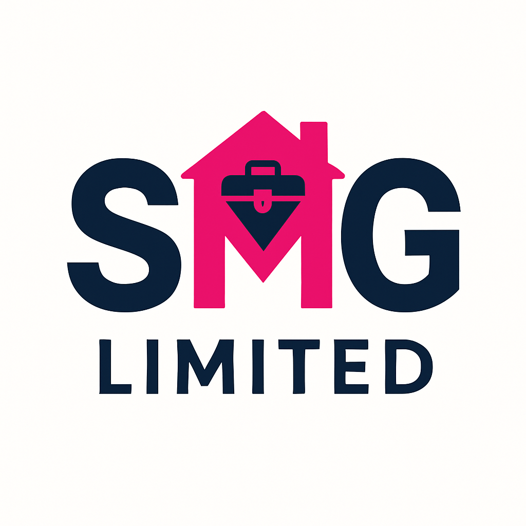 SMG Limited company logo featuring a pink home and cleaning icon