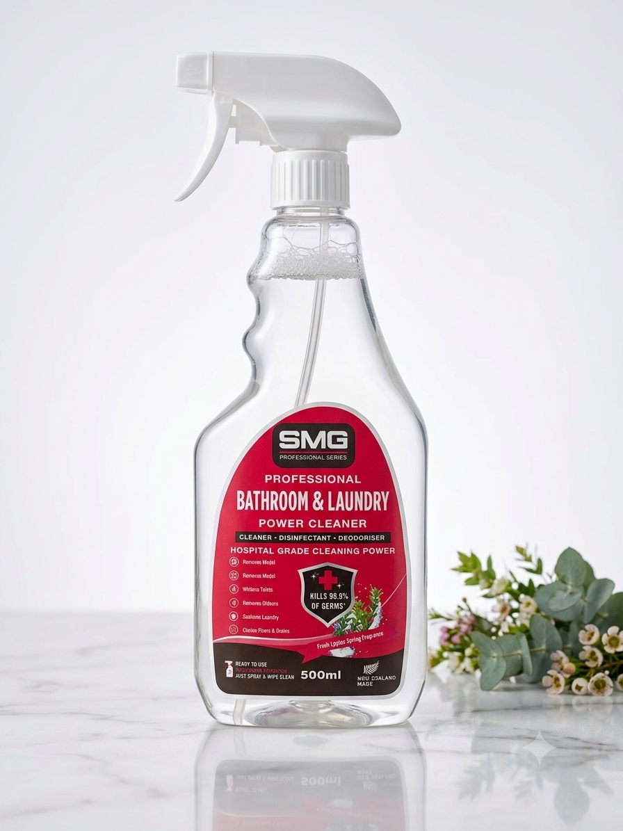 SMG Professional Series Bathroom and Laundry Power Cleaner 500ml spray bottle on a wooden bathroom countertop next to a gold tap and grey towel.