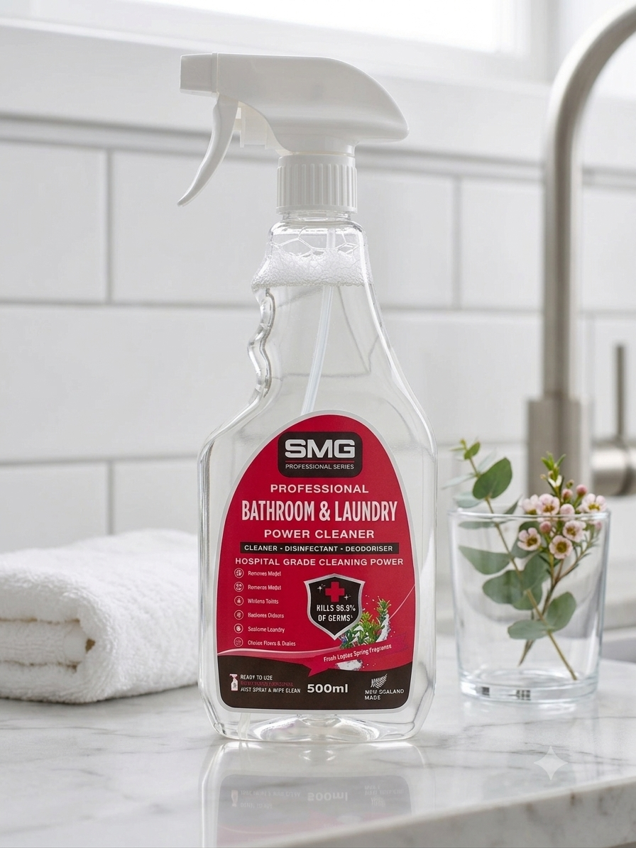 SMG Professional Series Bathroom and Laundry Power Cleaner 500ml spray bottle on a wooden bathroom countertop next to a gold tap and grey towel.