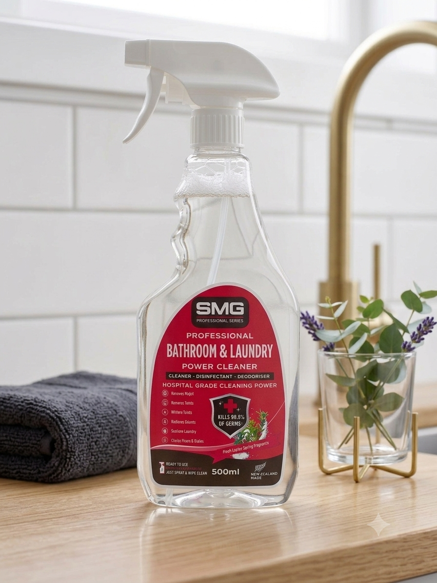 SMG Professional Series Bathroom and Laundry Power Cleaner 500ml spray bottle on a wooden bathroom countertop next to a gold tap and grey towel.